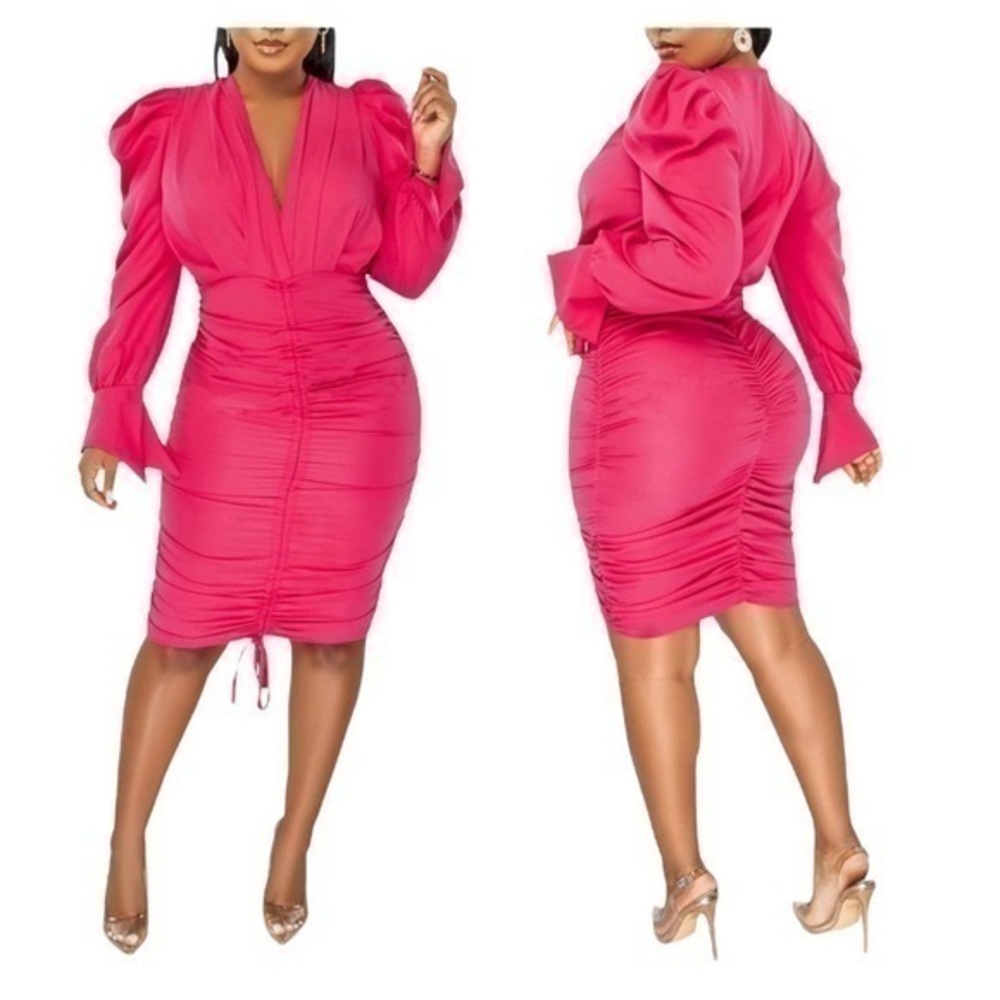 Women’s Long Sleeve Ruched Bodycon Dress in Hot Pink